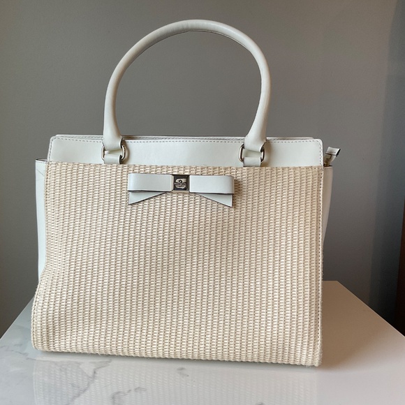 Kate Spade Raffia Trimmed Soft White Leather Bow Tote EUC Retail $375 - Picture 8 of 11
